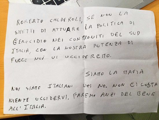 La lettera minatoria indirizzata a Roberto Calderoli