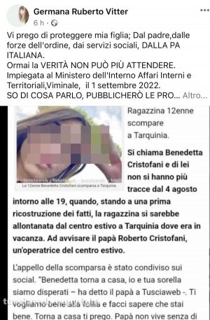Il post della madre di Benedetta Cristofani, Germana Ruberto Vitter