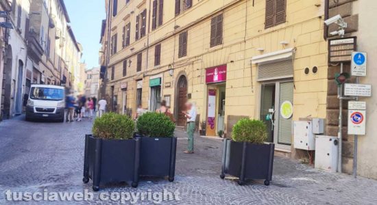 Viterbo - Le fioriere in via Roma e il cartello di varco "Non attivo"
