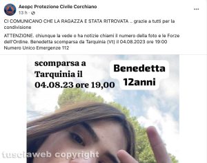 La notizia del ritrovamento di Benedetta Cristofani data su Facebook da Aeopc protezione civile di Corchiano alle 23,56