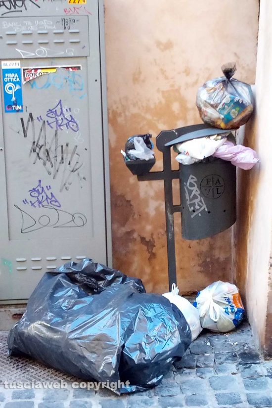 Viterbo - Cestino strapieno di rifiuti in via Orologio Vecchio
