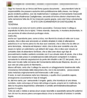 Castiglione in Teverina - Il post Facebook del "documento" attribuito a un carabiniere nelle sue vesti di sindacalista