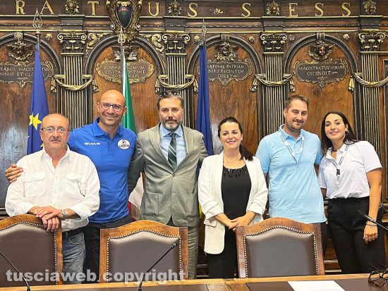 Viterbo - Conferenza stampa di presentazione dell'evento "Giocavamo pe' strada" - Da sinistra Carlo Carbonari, Simone Bonolo, Emanuele Aronne, Chiara Frontini e Michele Spinello