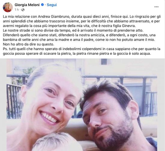 Il post di Giorgia Meloni dove annuncia la fine della relazione