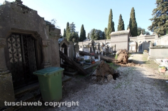 Tombe distrutte e alberi divelti