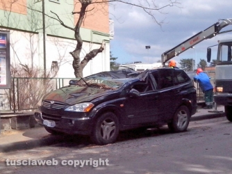 Viterbo - L\'auto finita sotto l\'albero in via Villanova