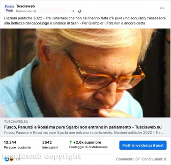 Media - Facebook - Il post dell'articolo su Umberto Fusco, Enrico Panunzi, Filippo Rossi e Vittorio Sgarbi