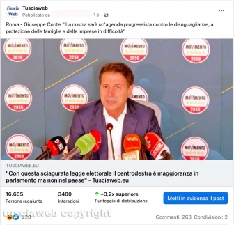 Media - Facebook - Il post dell'articolo su Giuseppe Conte