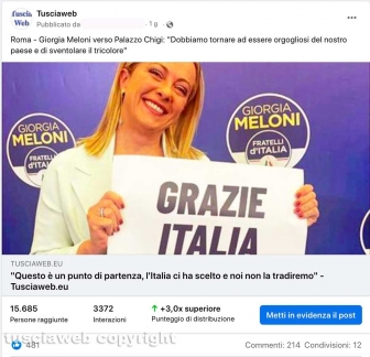 Media - Facebook - Il post dell'articolo su Giorgia Meloni