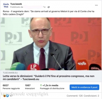 Media - Facebook - Il post dell'articolo su Enrico Letta
