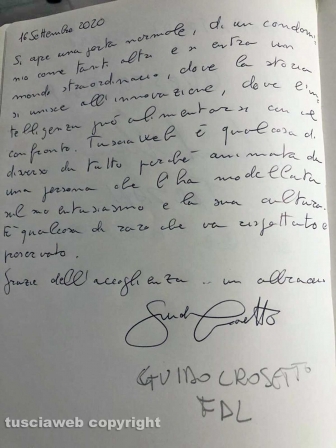Viterbo - La dedica di Guido Crosetto sul diario di bordo della redazione