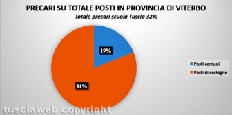 Precari su totale posti insegnamento provincia di Viterbo - Fonte: Bollettini nomine Provveditorato - Elaborazione Tusciaweb