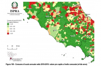 Rapporto Ispra-Snpa - Consumo di suolo annuale netto 2018-2019: valore pro capite a livello comunale (m2/ab anno)