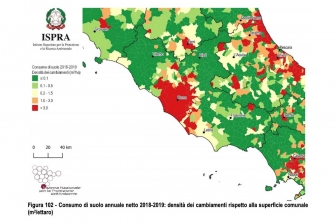 Rapporto Ispra-Snpa - Consumo di suolo annuale netto 2018-2019: densità dei cambiamenti rispetto alla superficie comunale (m2/ettaro)