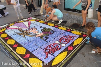 Bolsena - L'infiorata dagli ultimi ritocchi all'effetto finale