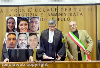 Omicidio Bramucci, tutti condannati ma nessun ergastolo - La lettura della sentenza - Nel riquadro partire da sinistra dall’alto: Elisabetta Bacchio, Sabrina Bacchio, Alessio Pizzuti, Dan Constantin Pomirleanu, Lucio La Pietra e Antonio Bacci