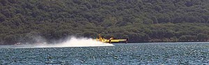 Un Canadair mentre pesca acqua durante l'incendio sul lago di Vico