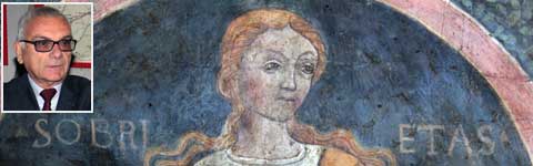 L'affresco che rappresenta la sobrietà e nel riquadro il procuratore capo Alberto Pazienti