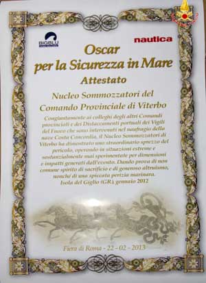 L'attestato consegnato per la cerimonia