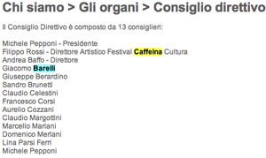 La pagina della Fondazione Caffeina  prima della modifica col nome di Barelli 