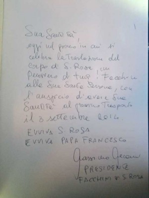 L'invito al papa del presidente  Massimo Mecarini per il trasporto 2014