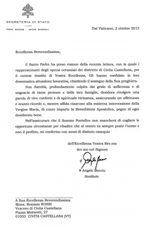 La risposta di papa Francesco tramite il Sostituto della Segreteria di Stato Mons. Angelo Becciu