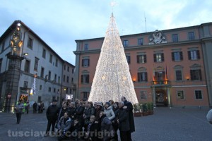 I turisti in posa davanti all'albero di Natale a piazza del comune