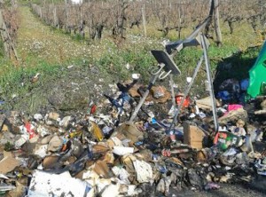 Strada Freddano -  Il cassonetto incendiato e i residui sparsi