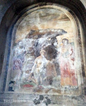 Lo stato attuale dell'affresco Santi Giovanni Battista, Girolamo e Lorenzo di Antonio Del Massaro, detto Pastura