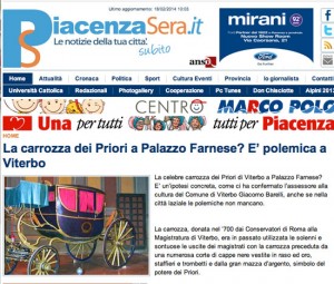 La notizia della carrozza riportata da Piacenza Sera