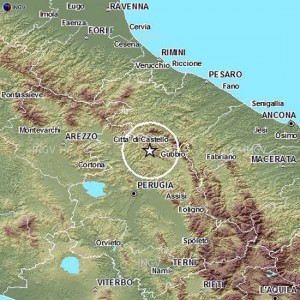 L'epicentro del terremoto di questa notte nella vicinanze di Gubbio