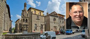 Piazza Roma a Vitorchiano; nel riquadro l'ex sindaco Ciancolini, indagato, tra l'altro per l'appalto dei lavori nella stessa piazza