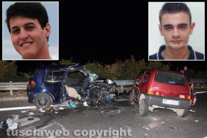 Il frontale sulla superstrada e nei riquadri Paolo Aquilani e Andrea Agostini