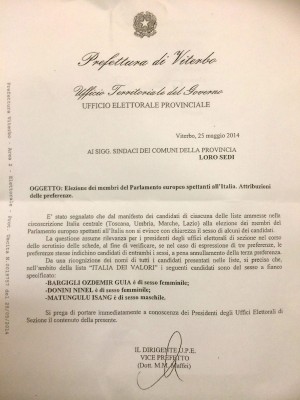 La circolare della prefettura che chiarisce il sesso di tre candidati dell'Italia dei valori