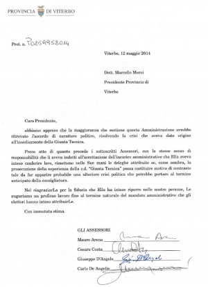 La lettera degli assessori tecnici a Meroi