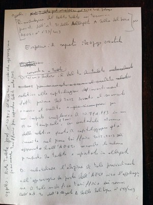 il foglio scritto a penna da Meroi ed Equitani