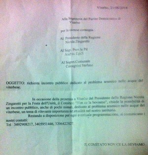 Arsenico - La lettera inviata a Zingaretti
