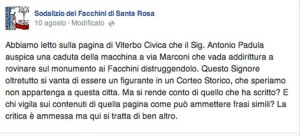 Il post del Sodalizio su Facebook 