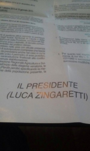 Il calendario venatorio con la firma del presidente Luca Zingaretti