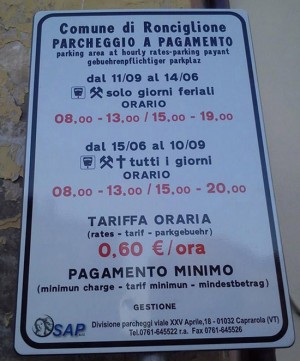 Ronciglione - Il cartello con le tariffe