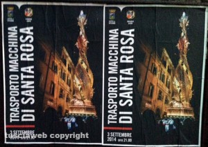 i manifesti della Macchina di santa Rosa con i simboli soltanto di Comune e Regione
