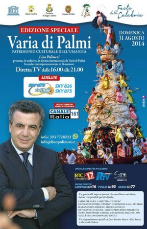 Il manifesto della Varia di Palmi con canali Sky per la diretta e il loco Unesco in evidenza