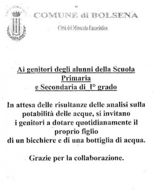 L'avviso dell'acqua nelle scuole di Bolsena 