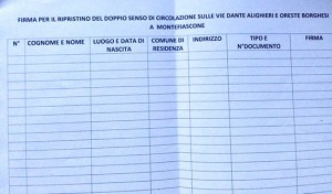 Montefiascone - Il modulo per la raccolta firme contro il senso unico in via Dante Alighieri