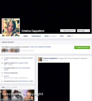 La pagina Facebook di Cristina Cappelloni con l'immagine di copertina sostituita da una foto totalmente nera