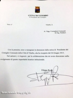 La lettera di dimissioni di Filippo Rossi da presidente del consiglio comunale