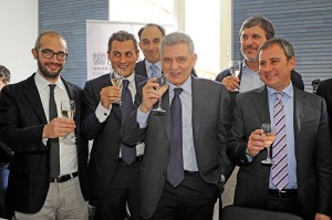 Il brindisi nella nuova sede di Unindustria a Civitavecchia - Da sinistra: Cozzolino, Monti, Stirpe e Merlani