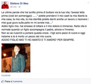 Il post del padre, Stefano Di Meo, su Facebook