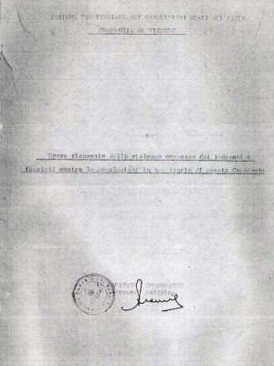 Il frontespizio del documento "Breve riassunto delle violenze commesse dai tedeschi e fascisti contro le popolazioni in territorio di questa compagnia"