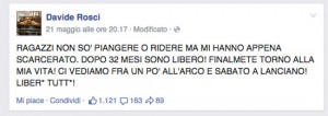 Il messaggio su Facebook di Davide Rosci